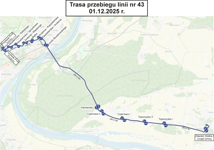 Schemat linia nr 43 1 grudnia miejskie autobusy dojadą do powiatu toruńskiego