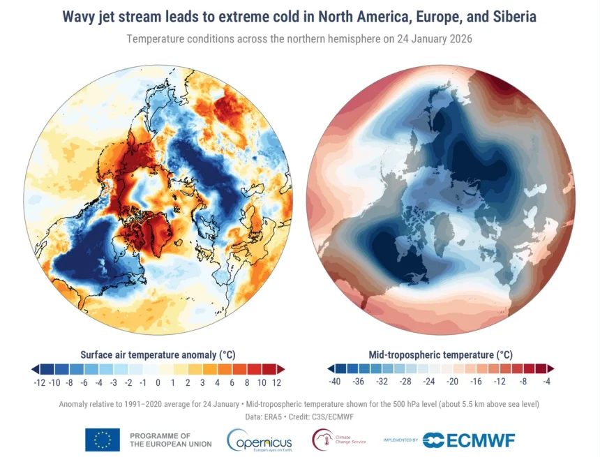 Screenshot 2026-02-18 at 13-58-08 Surface air temperature for January 2026 Copernicus Był to piąty najcieplejszy styczeń w historii, ale w Europie zaliczał się do zimniejszych