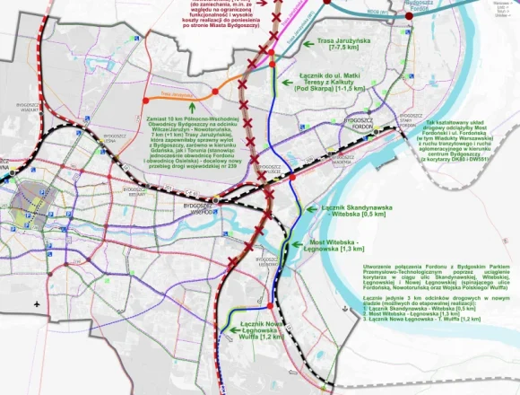Koncepcja nowych ciągów drogowych, gdyby doszło do budowy wschodniej obwodnicy
