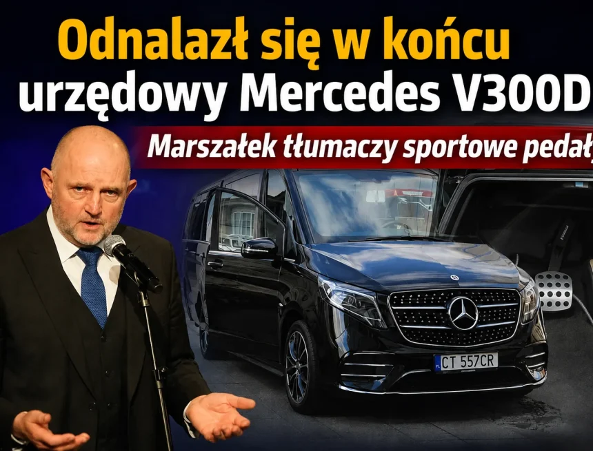 ChatGPT Image 20 maj 2026, 16_09_15 Odnalazł się Mercedes V300D. Marszałek broni sportowych pedałów